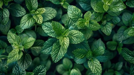 Wall Mural - A close-up image of vibrant green mint leaves, filling the frame.