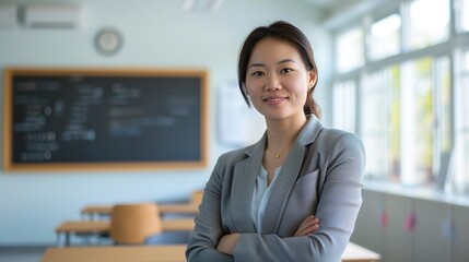 high detailed wide headshot photo of a standing teacher asian adult female smiling with arms crossed, wearing comfortable formal and modern clothes with blazer in light grey colors, generative ai