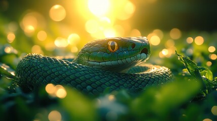 Canvas Print - Green Snake in a Sunset Meadow