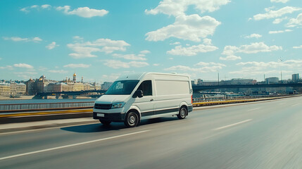 Wall Mural - White modern delivery small shipment cargo courier van moving fast on motorway road to city