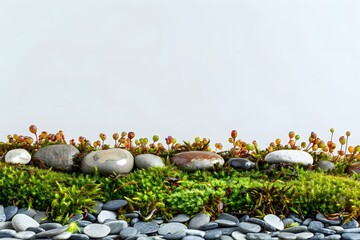 Wall Mural - Green Moss and Stones on a White Background