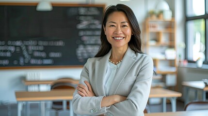 high detailed wide headshot photo of a standing teacher asian adult female smiling with arms crossed, wearing comfortable formal and modern clothes with blazer in light grey colors, generative ai