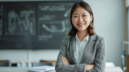 high detailed wide headshot photo of a standing teacher asian adult female smiling with arms crossed, wearing comfortable formal and modern clothes with blazer in light grey colors, generative ai