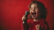 © WiFi - Close-up of a child happily holding a microphone and singing, with a red background.