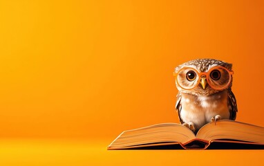 a cute owl wearing glasses sitting on an open book against a vibrant orange background, symbolizing 