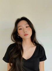 Poster - Portrait of a Young Asian Woman with Long Black Hair Wearing a Black T-Shirt