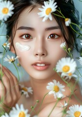 Wall Mural - Closeup Portrait of a Young Woman with Daisies