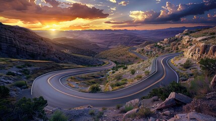 A winding road with a sunset in the background