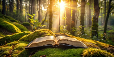 A worn leather-bound book lies open on a moss-covered rock amidst a serene forest backdrop, with sunlight filtering through trees and highlighting sacred scripture.