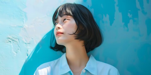 Canvas Print - Young Woman with Black Hair Posing Against a Blue Wall