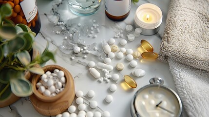 Assorted Pills, Supplements, and Wellness Items on a Marble Surface