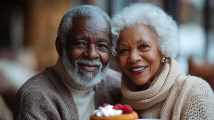 happy senior friends having coffee and cake and talking indoors at home