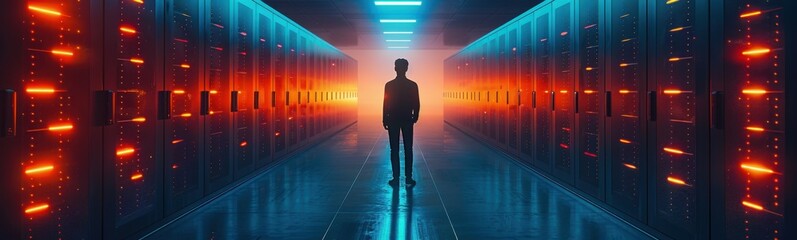 Man standing in a hallway with rows of servers, banner, copy space