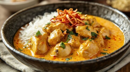 Delicious Chicken Curry with Rice and Fried Onions