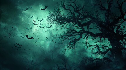 Wall Mural - A Silhouetted Tree and Flying Bats in a Foggy Night Sky