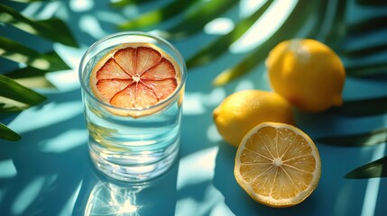 Sticker - Citrus Fruit and Palm Leaves on Blue Background