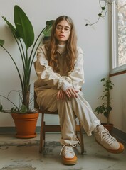 Canvas Print - Woman Sitting on Chair Wearing Beige Pants and Sneakers