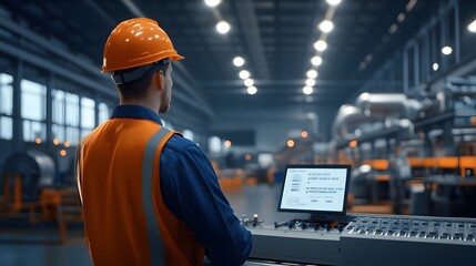 Industrial Worker Operating Control Panel in Factory