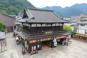 Sticker - Traditional Japanese Style Building With Mountain View In Background