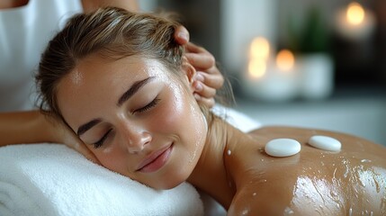 high angle view of relaxed young woman receiving cupping treatment on back traditional chinese medicine