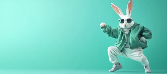 A white rabbit in sunglasses and green jacket is dancing hip-hop on the right side of the picture, on light turquoise background