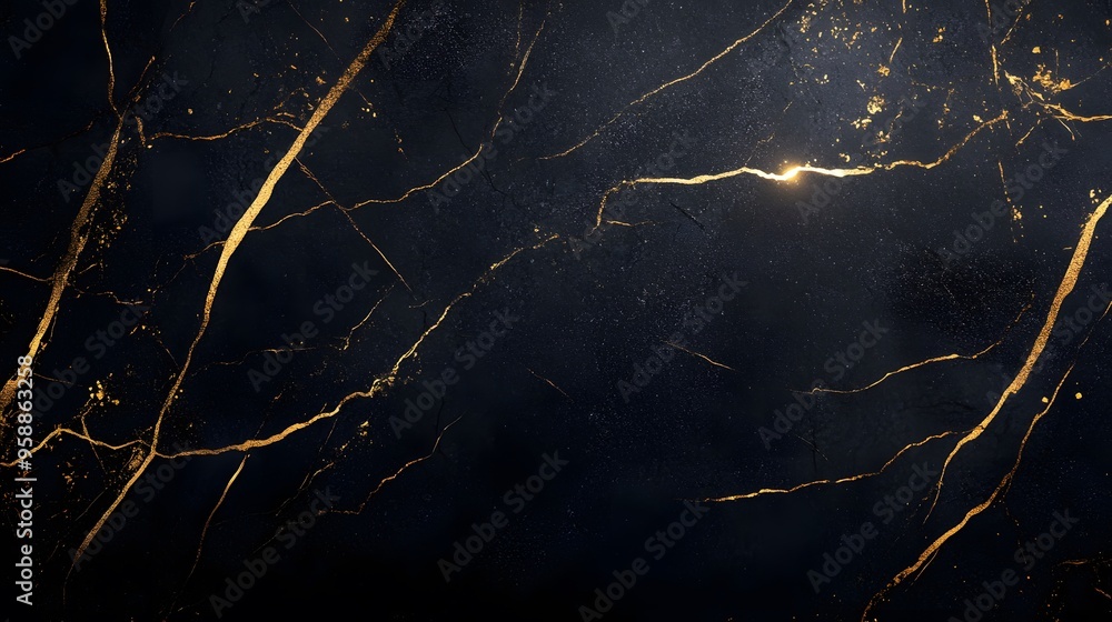 A black marble texture background with gold veins and an elegant border ...
