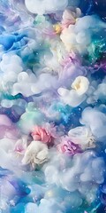 Poster - Abstract Dreamy Watercolor Background With Flowers And Clouds