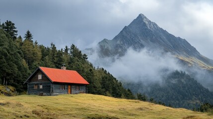 Sticker - Mountain Cabin in Misty Alpine Landscape