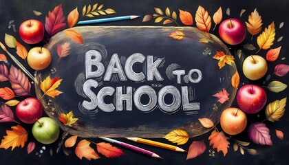 Canvas Print - Back to School poster mockup with chalkboard style font, surrounded by autumn elements - laves, apples school supplies. Graphic art illustration