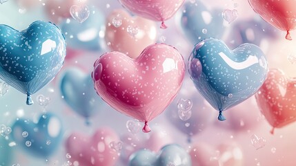 Wall Mural - 1. a seamless wallpaper of colorful heart-shaped balloons floating against a soft pastel pink and bl