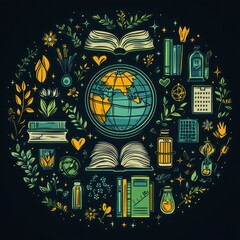 Illustrated Globe with Books, Leaves and Stars