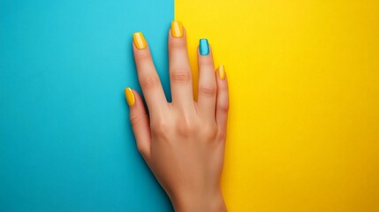 Vibrant manicure on female hand against dual-toned background: yellow and turquoise nails pop with summer energy, showcasing trendy nail art and color blocking.