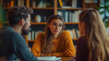 Wall Mural - Three Friends Having a Conversation in a Library