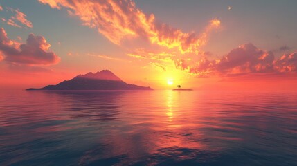 A breathtaking landscape of a calm ocean with a small island in the distance, under a vibrant sunrise.