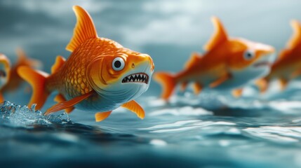 Poster - A group of small toothy fish swimming in a body of water, AI