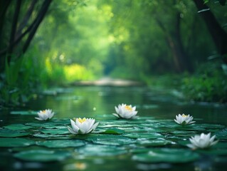 Wall Mural - Water Lily Pond in a Lush Forest