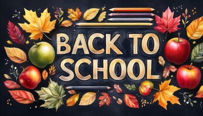 Canvas Print - Back to School poster mockup with chalkboard style font, surrounded by autumn elements - laves, apples school supplies. Graphic art illustration. Ai generated