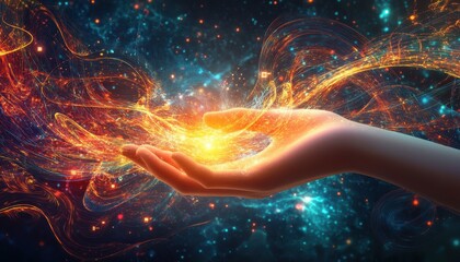 Technological Evolution: Human Hand Emitting Light Among Digital Symbols Encapsulating AI and Creativity Fusion