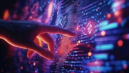 Embracing the Future: Human Hand Interacting with Digital Surface of AI Coding Symbols and Creative Patterns