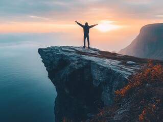 conquering the summit: a lone figure stands triumphant on a clifftop, arms outstretched, silhouetted