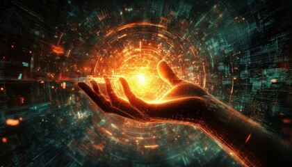 Illuminated Future: Futuristic Human Hand Embracing Innovation and Creativity with Digital Codes and Patterns
