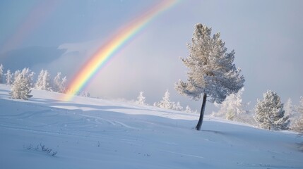 Rainbow across the sky in snowy winter 