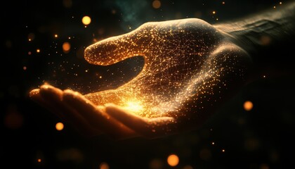 Creative Fusion: Human Hand with Glowing Fingertips and Coding Patterns Connected to Radiant Streams of Light Symbolizing AI and Innovation