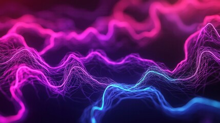 Abstract digital waveforms in glowing electric blue and purple, on a dark background, energetic and modern, dynamic motion, 3D render