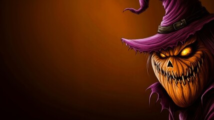 Eerie Halloween pumpkin with glowing eyes in a purple witch hat illustration against a dark orange background. Generative AI