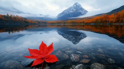 Wall Mural - Red Maple Leaf on Mountain Lake Reflects Autumn Majesty