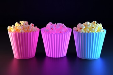 Wall Mural - 3D render of three pop corn cups in different colors on a black background, with a neon light effect.