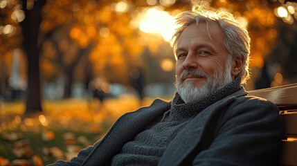 Wall Mural - mature businessman relaxing on bench in city park during break at work work life balance concept