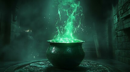 A cauldron bubbling with a green potion in a dark, shadowy room