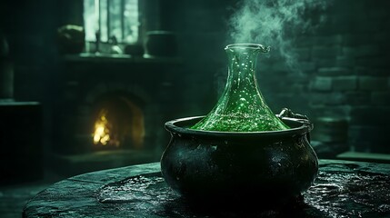 A cauldron bubbling with a green potion in a dark, shadowy room